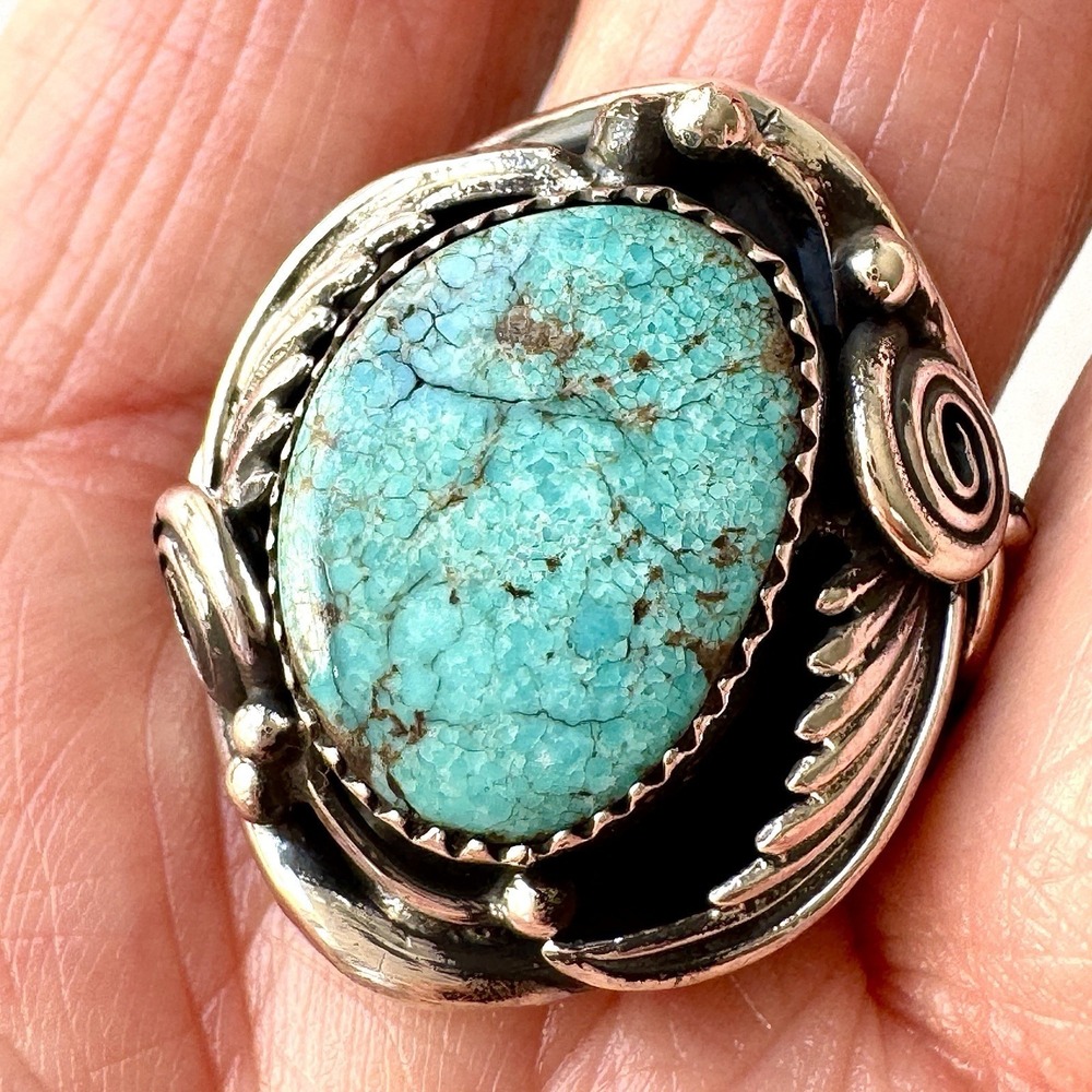 Navajo Turquoise Mens Ring Sz 12 Leaf Feather Signed Morgan‎ Sterling Native